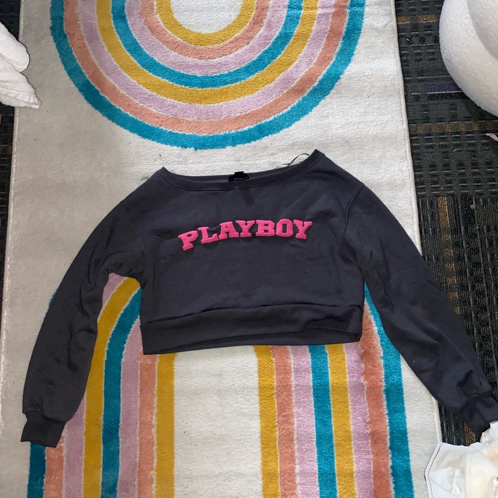 Playboy Cropped Sweatshirt in Gray and Pink